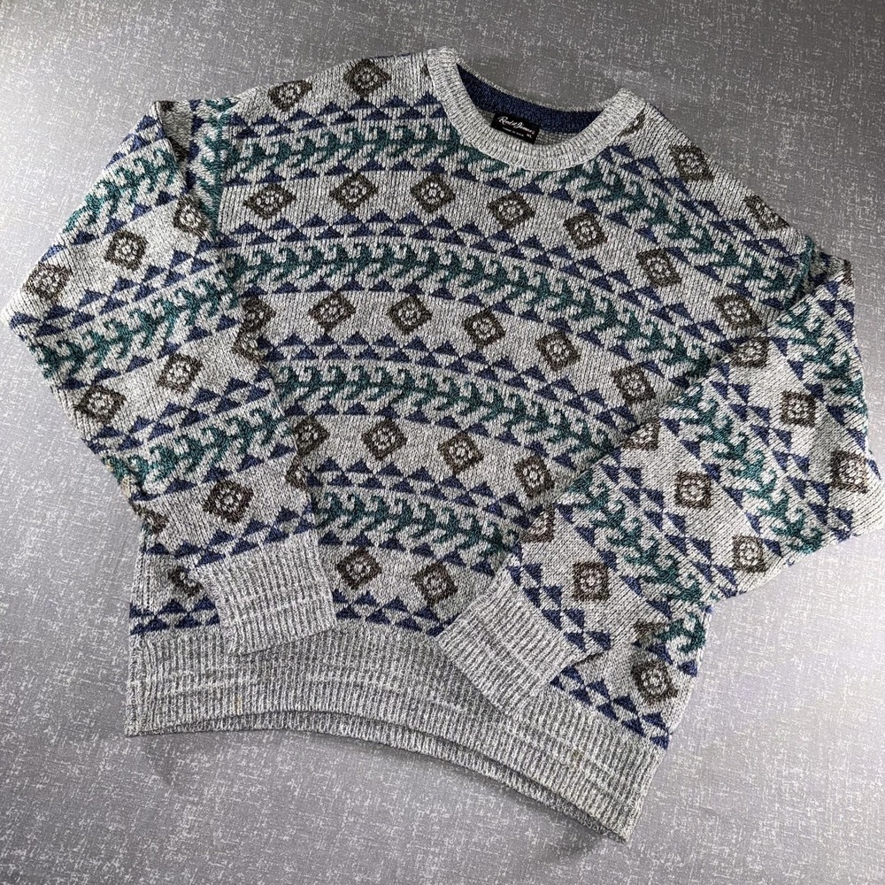 Reed St James Sweater Mens XL Gray Blue Green Geometric‎ Knit Pullover USA Made